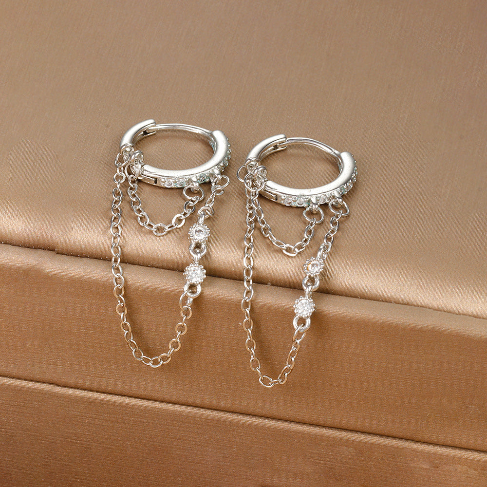 Zirconia tassel and chain hoop earrings