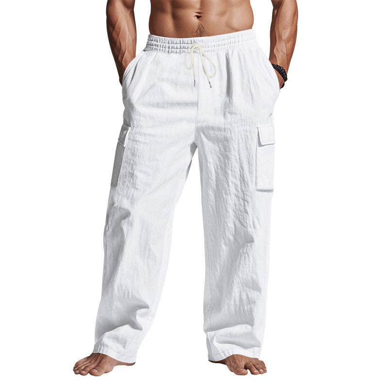 Men's straight-leg linen cargo pants.