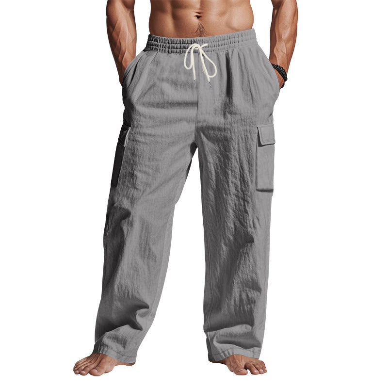 Men's straight-leg linen cargo pants.