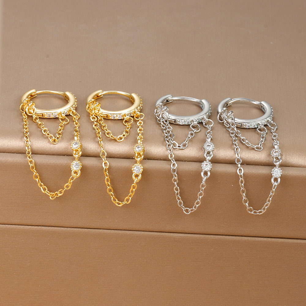 Zirconia tassel and chain hoop earrings