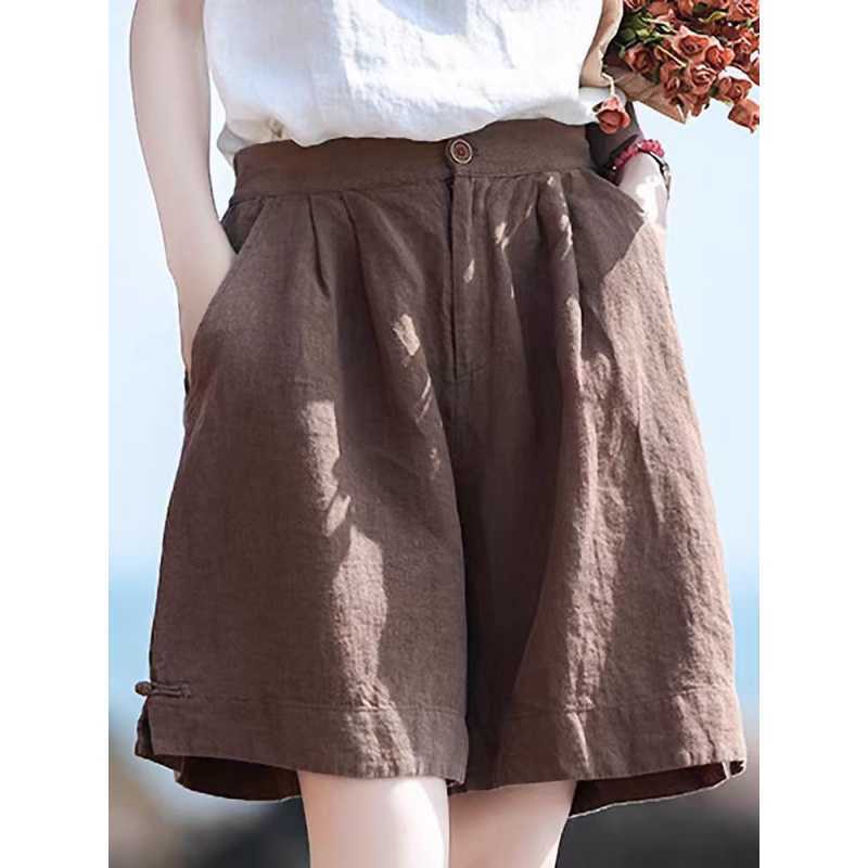 Linen Wide-leg Half Pants Female Loose Retro