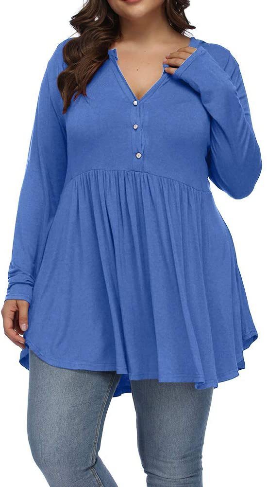 V-neck Buttons Pleated Long Sleeve Plus Size T-shirt