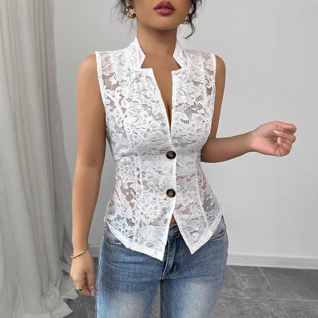 Women´s Sexy Cardigan Jacquard Design See-through Lapel Skinny Lace