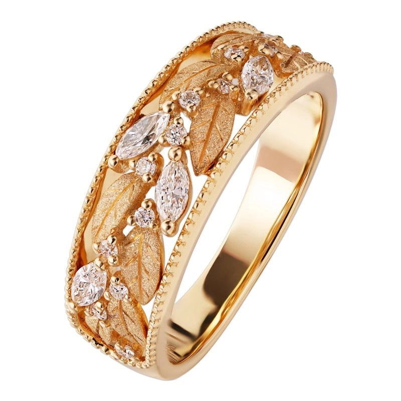 Laurel-shaped earrings and ring with horse-eye diamonds