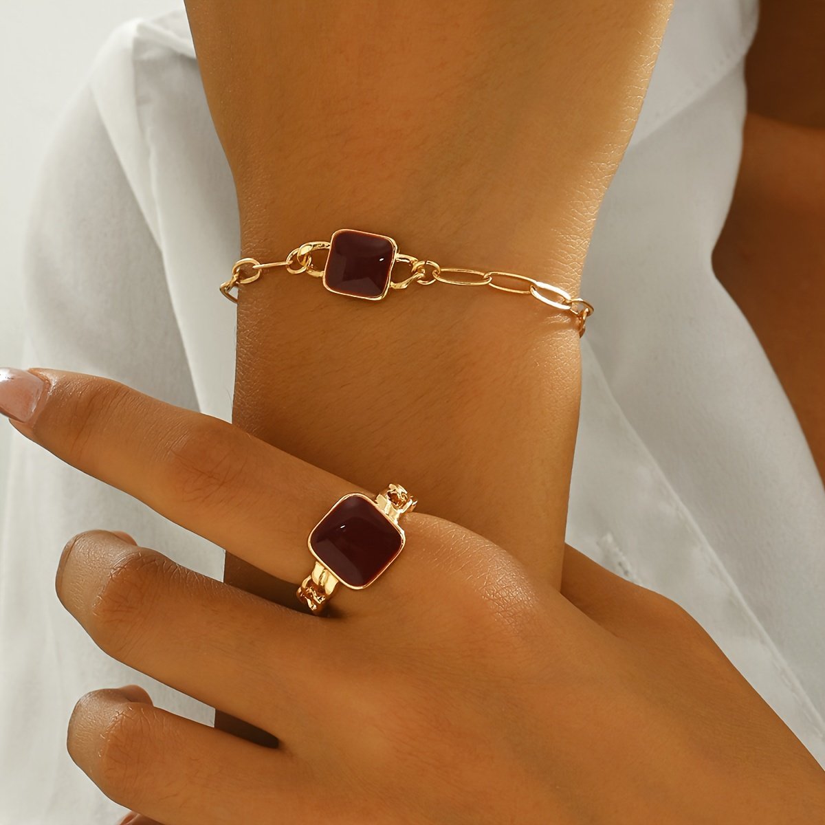 14K Gold Plated Agate Bracelet and Ring Set