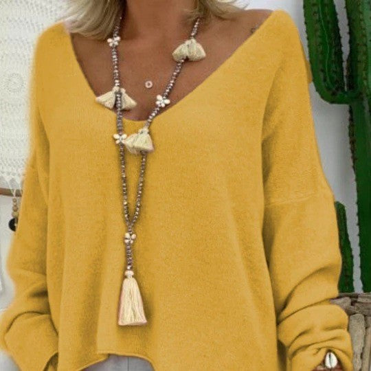 Women's Solid Color Long-sleeved T-shirt Large V-neck