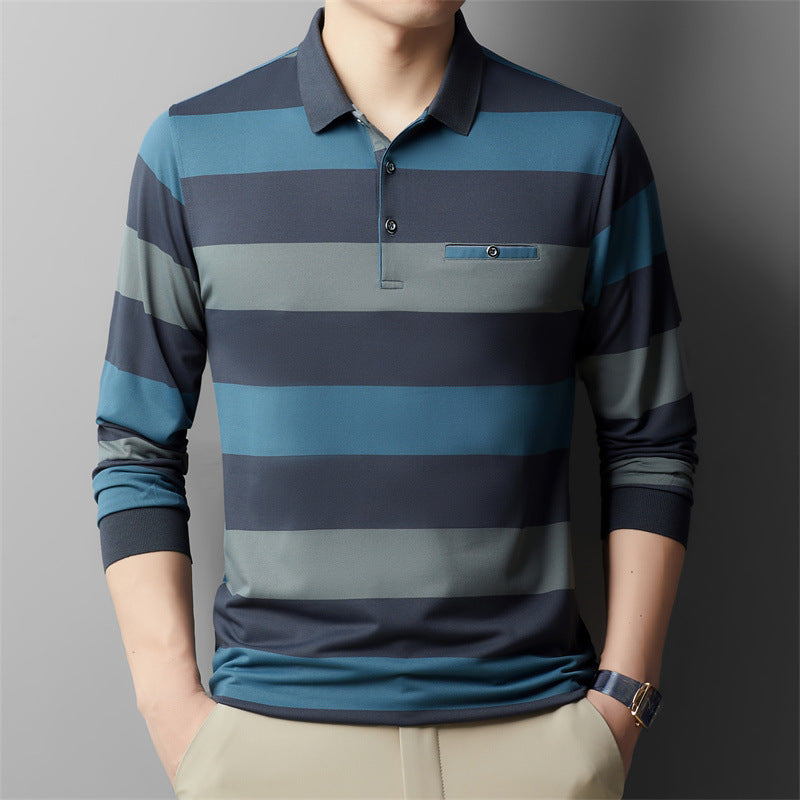 Long-sleeved T-shirt with lapel and stripes
