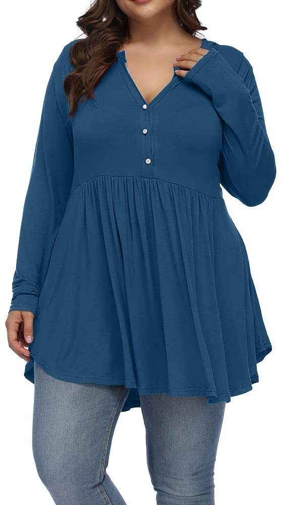 Women´s T-shirt V-neck Buttons Pleated Long Sleeve