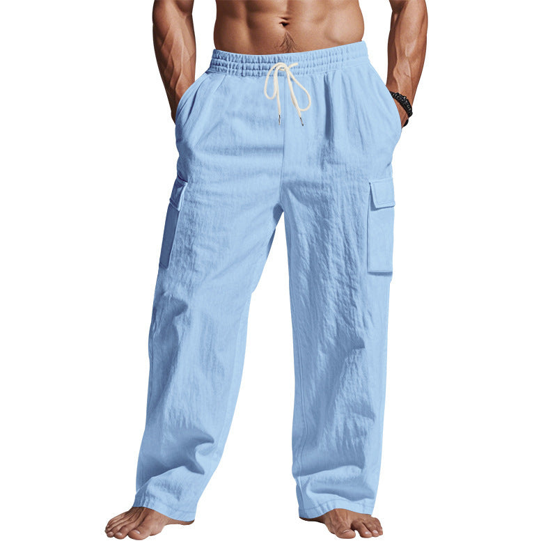 Men's straight-leg linen cargo pants.