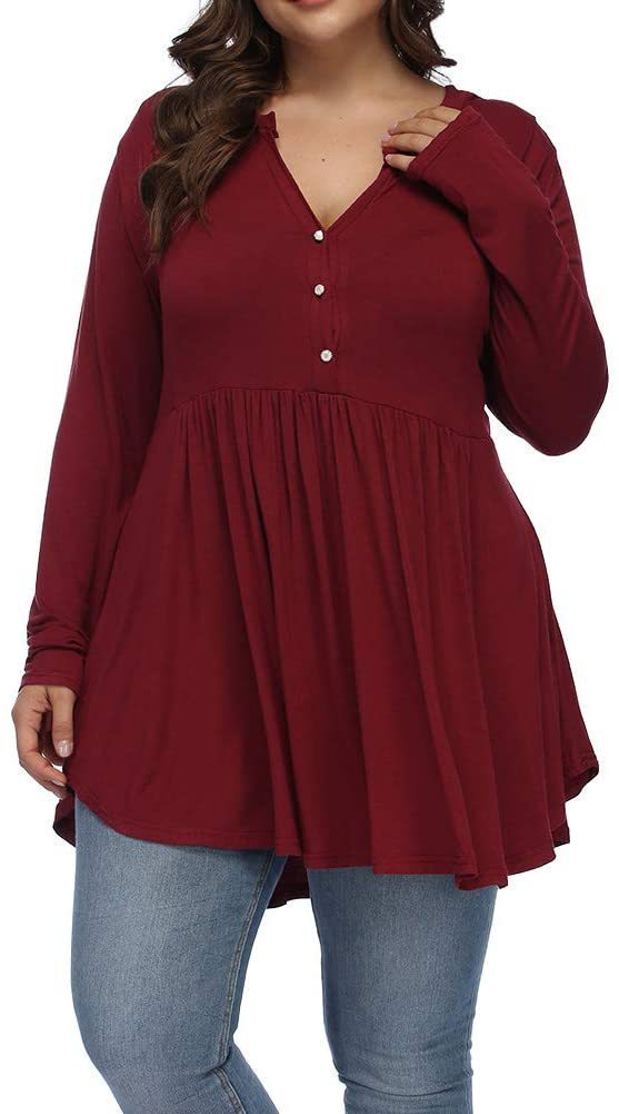 V-neck Buttons Pleated Long Sleeve Plus Size T-shirt
