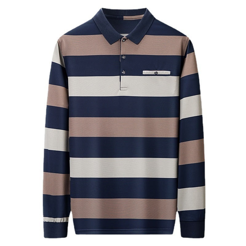 Long-sleeved T-shirt with lapel and stripes
