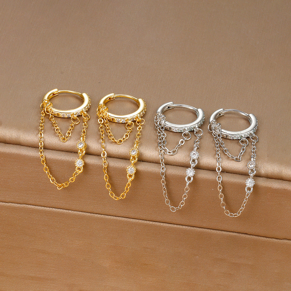 Zirconia tassel and chain hoop earrings