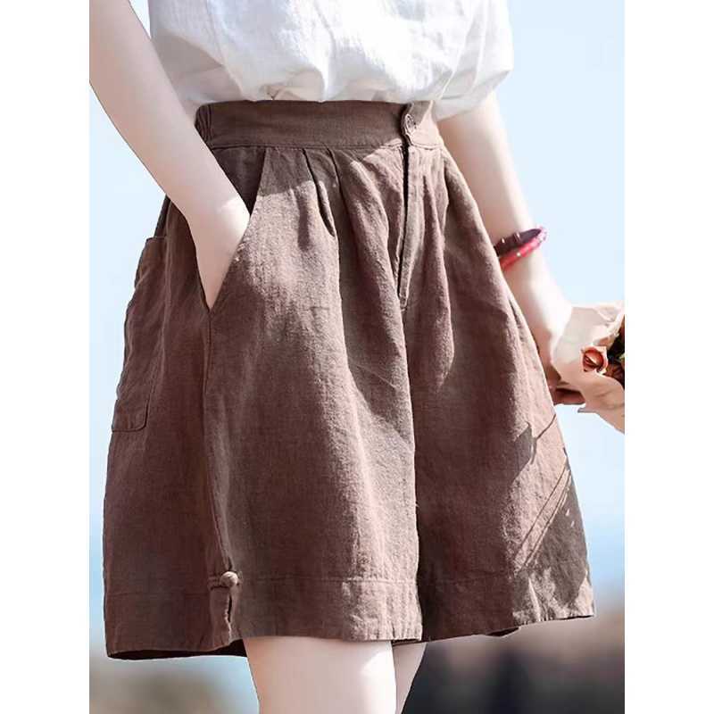 Linen Wide-leg Half Pants Female Loose Retro