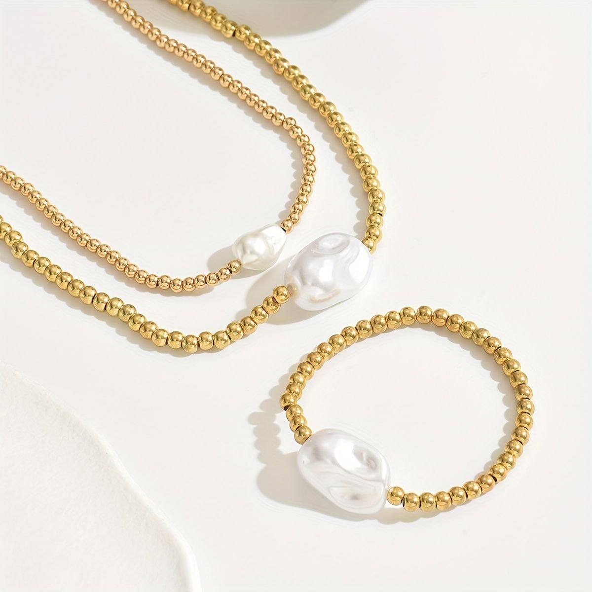 14K Gold Pearl Necklace and Bracelet Set