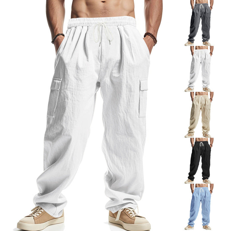 Men's straight-leg linen cargo pants.
