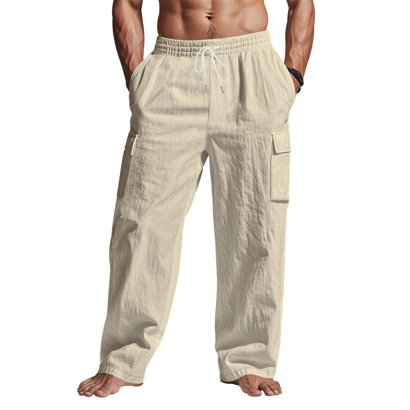 Men's straight-leg linen cargo pants.