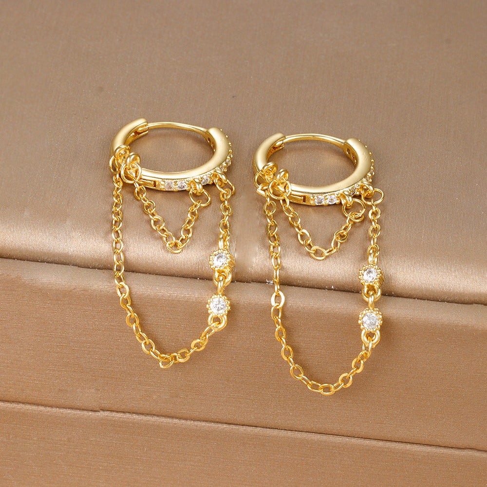 Zirconia tassel and chain hoop earrings