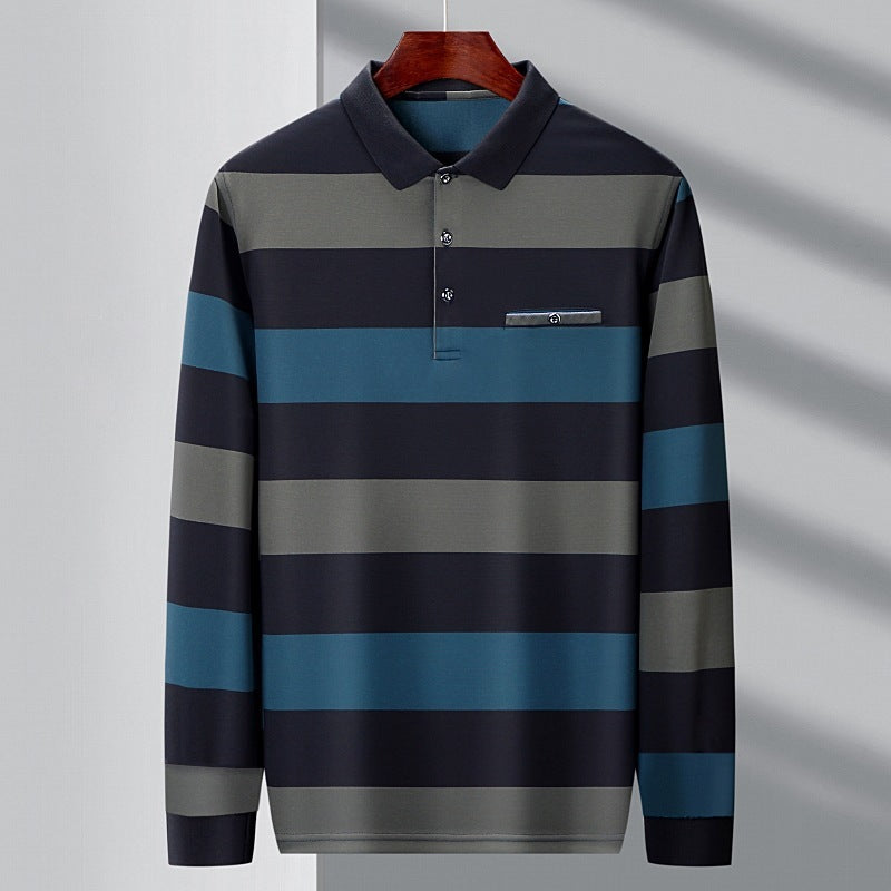 Long-sleeved T-shirt with lapel and stripes