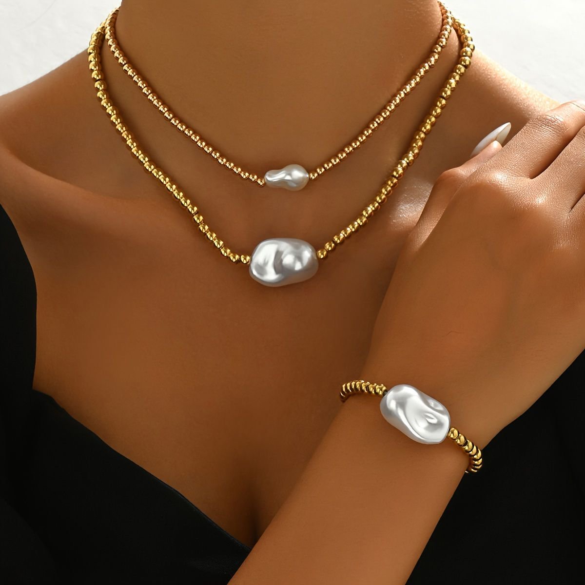 14K Gold Pearl Necklace and Bracelet Set
