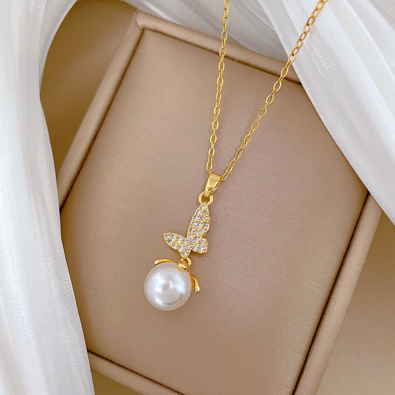 Butterfly and pearl fairy diamond necklace