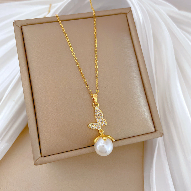 Butterfly and pearl fairy diamond necklace
