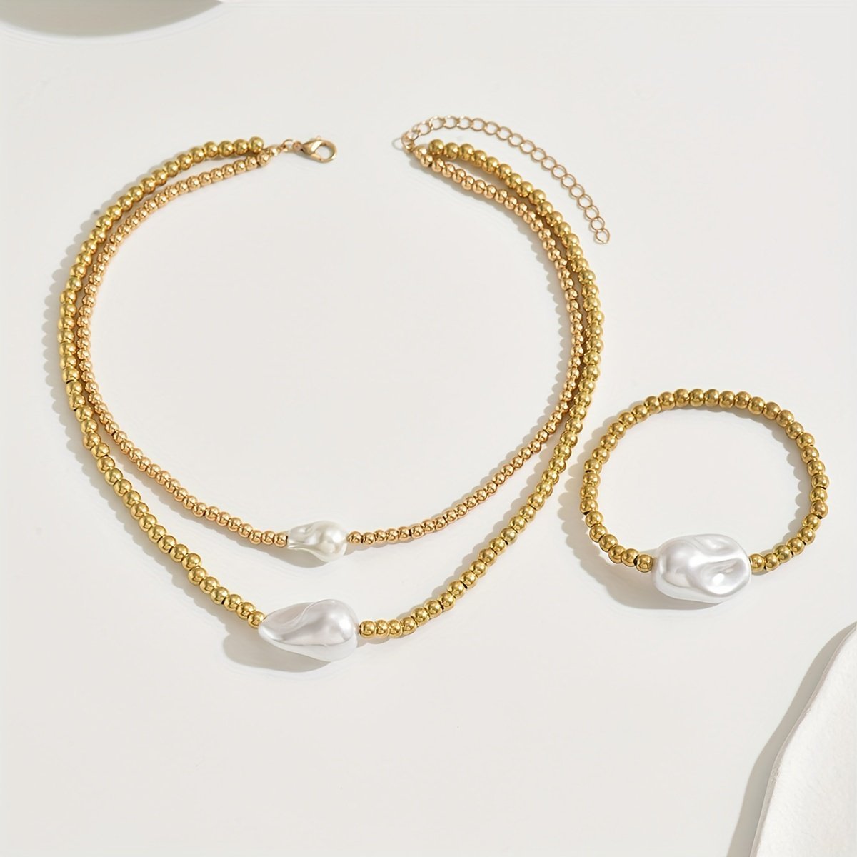 14K Gold Pearl Necklace and Bracelet Set