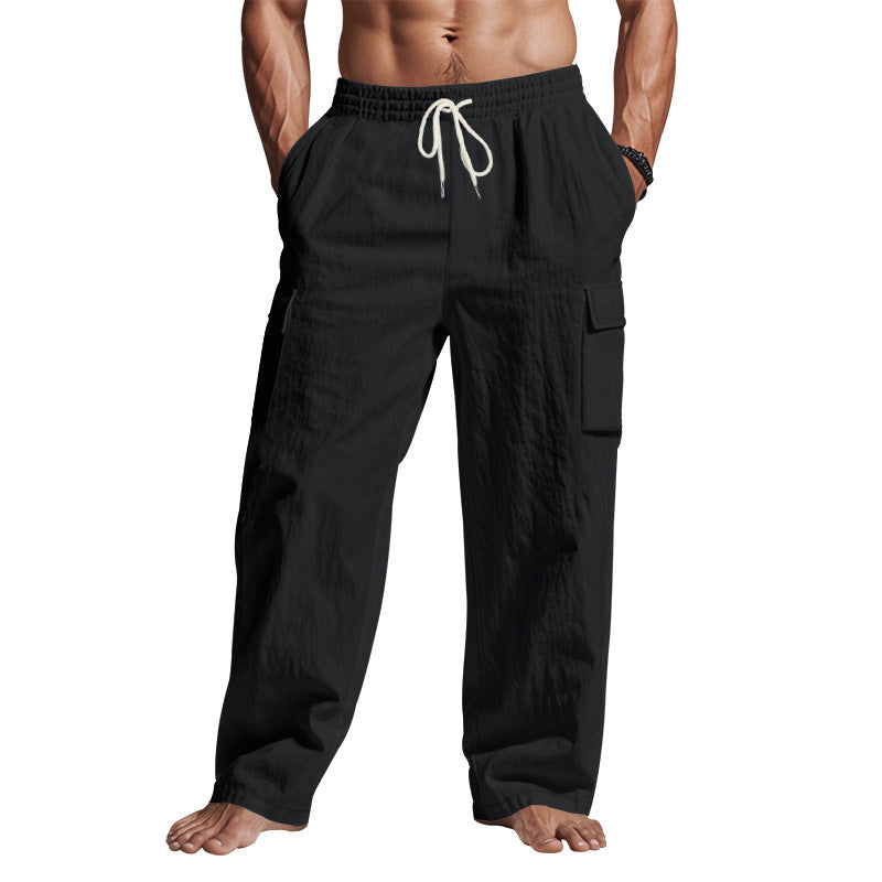 Men's straight-leg linen cargo pants.