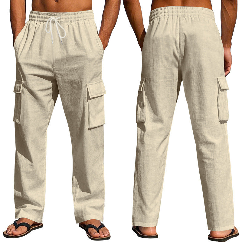 Men's straight-leg linen cargo pants.