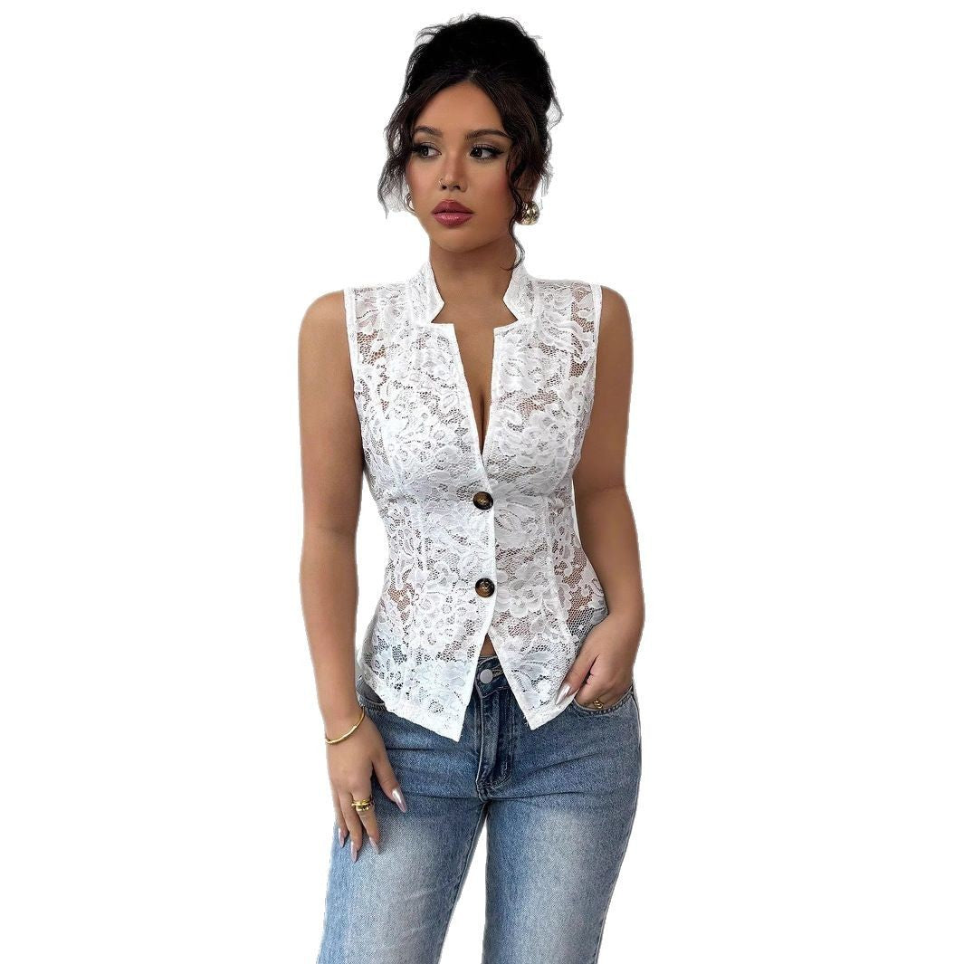 Women´s Sexy Cardigan Jacquard Design See-through Lapel Skinny Lace