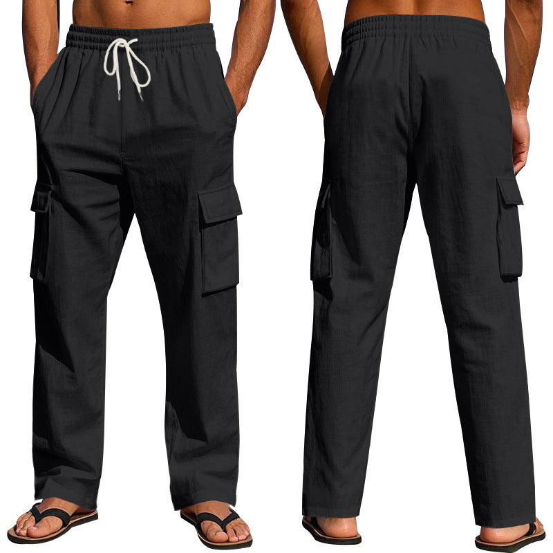Men's straight-leg linen cargo pants.