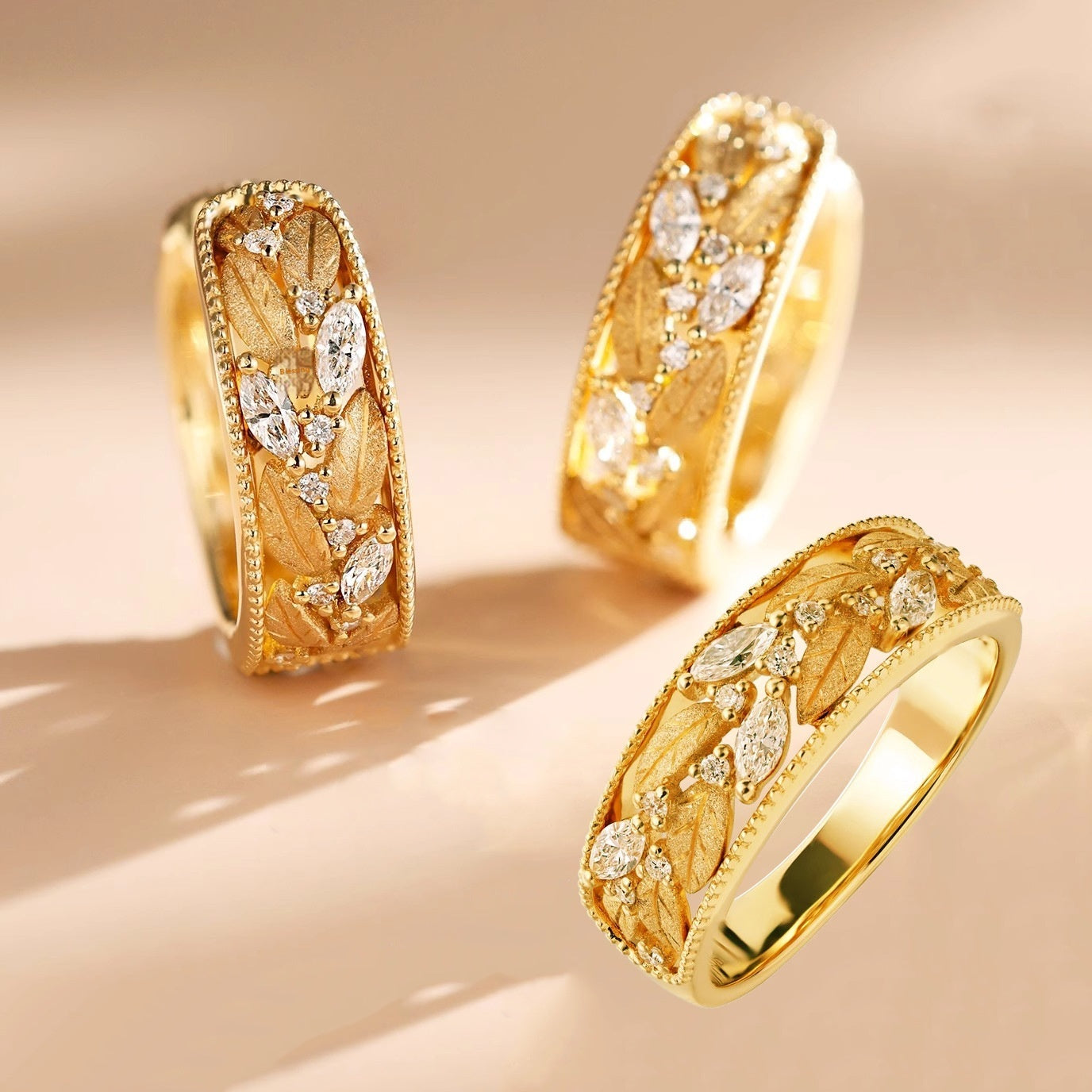 Laurel-shaped earrings and ring with horse-eye diamonds
