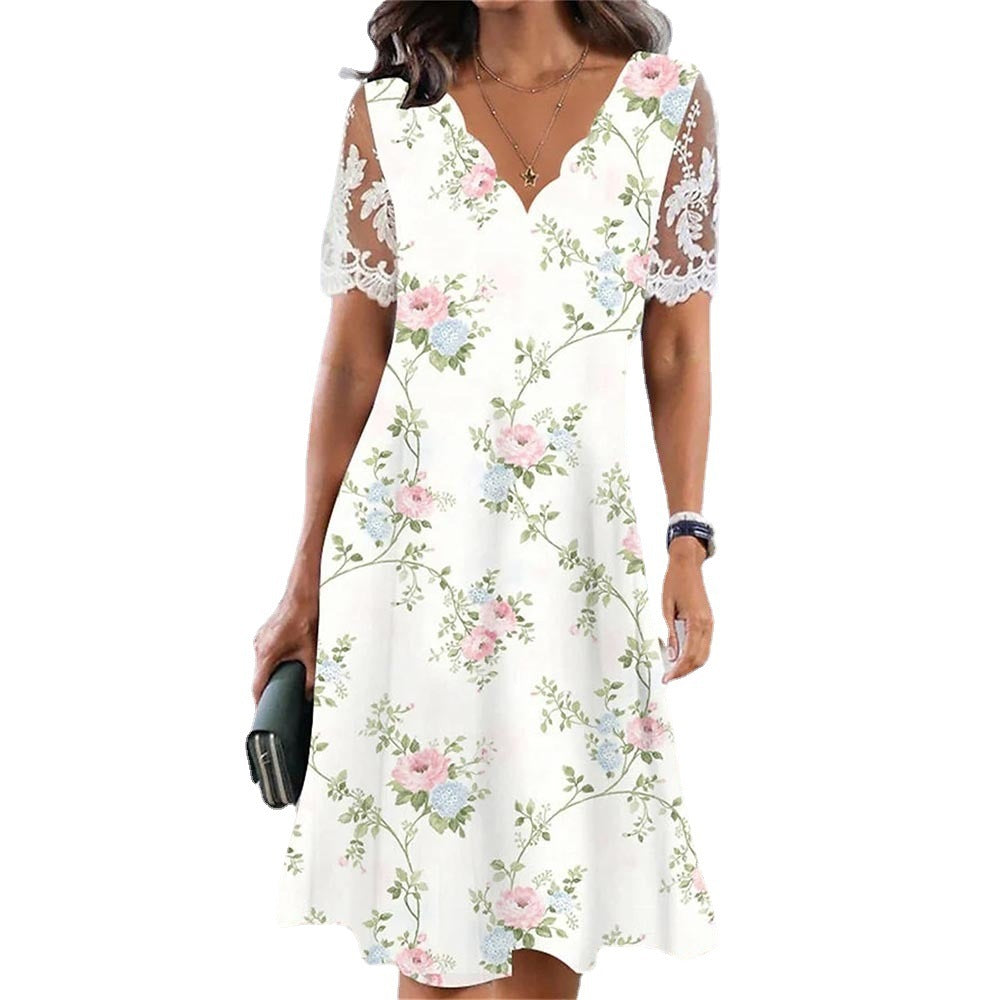 Lace V-neck Short Sleeve Dress