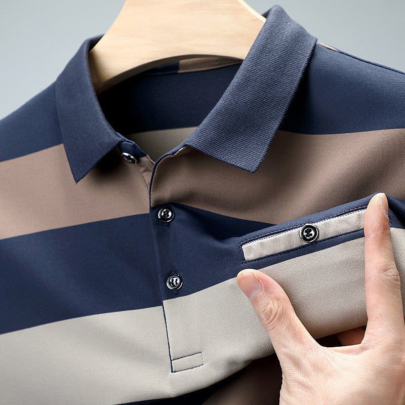 Long-sleeved T-shirt with lapel and stripes