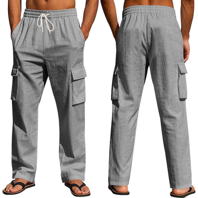 Men's straight-leg linen cargo pants.
