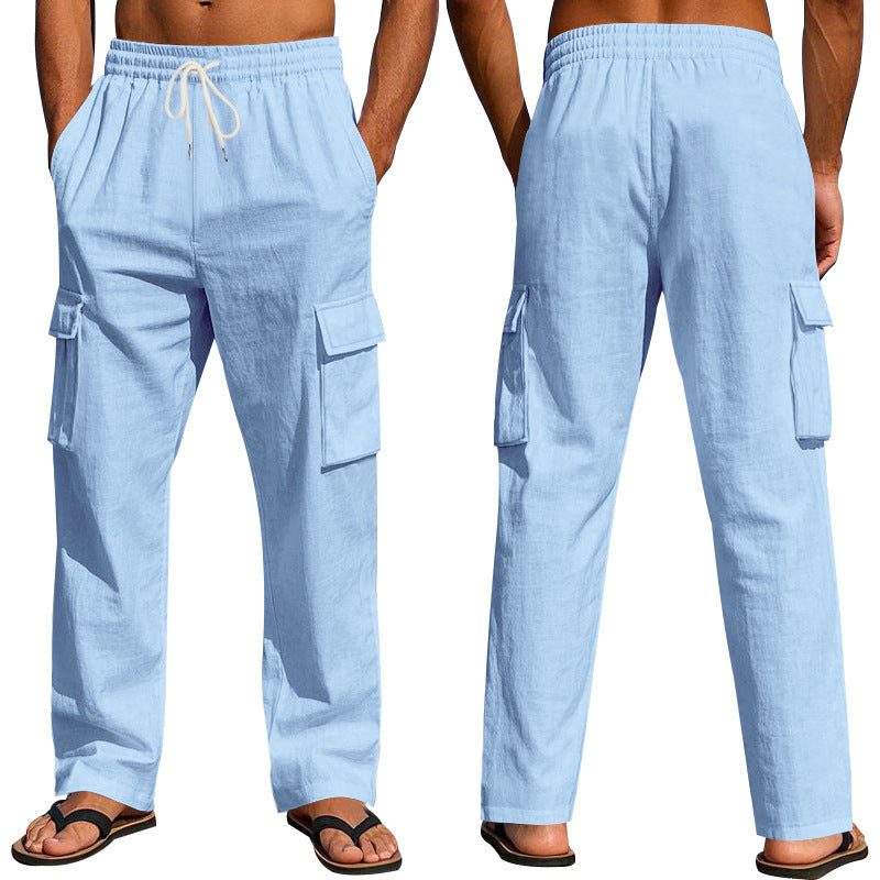 Men's straight-leg linen cargo pants.