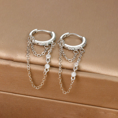 Zirconia tassel and chain hoop earrings