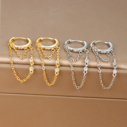 Zirconia tassel and chain hoop earrings