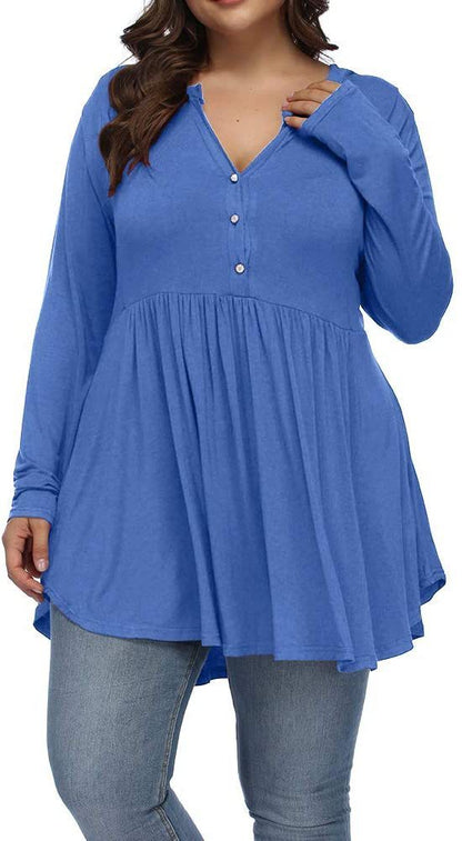 V-neck Buttons Pleated Long Sleeve Plus Size T-shirt