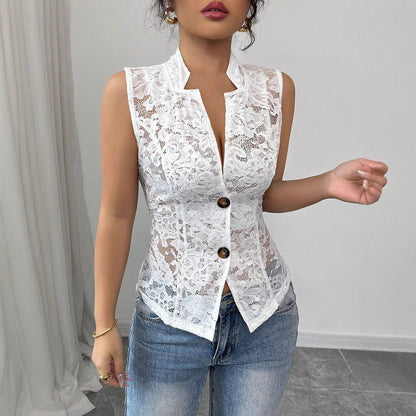 Women´s Sexy Cardigan Jacquard Design See-through Lapel Skinny Lace