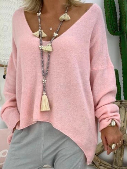 Women's Solid Color Long-sleeved T-shirt Large V-neck