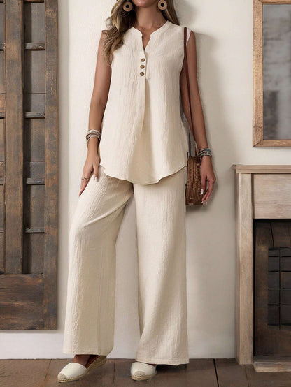 Women Sleeveless Textured Vest And Wide-Leg Button Front Pants Set