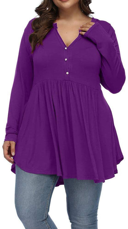 V-neck Buttons Pleated Long Sleeve Plus Size T-shirt