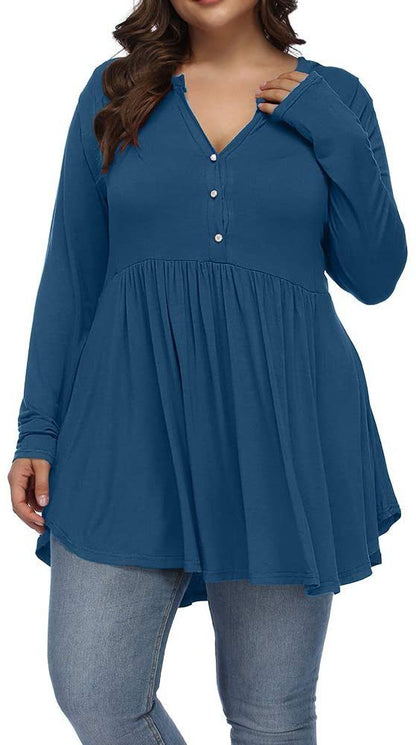V-neck Buttons Pleated Long Sleeve Plus Size T-shirt