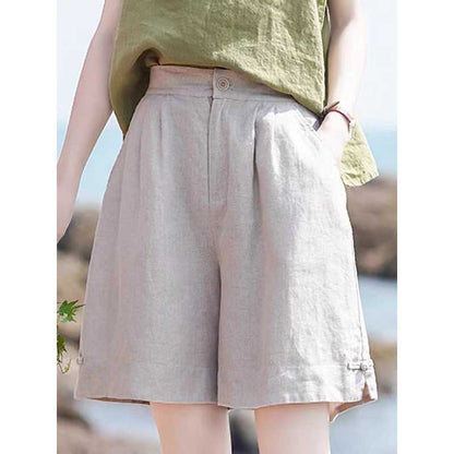 Linen Wide-leg Half Pants Female Loose Retro