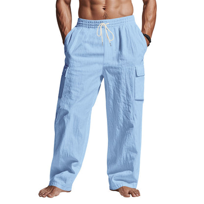 Men's straight-leg linen cargo pants.