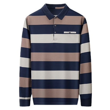 Long-sleeved T-shirt with lapel and stripes
