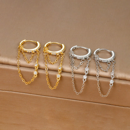 Zirconia tassel and chain hoop earrings