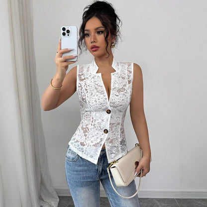 Women´s Sexy Cardigan Jacquard Design See-through Lapel Skinny Lace