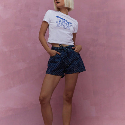 Casual Straight-leg Crocheted Lace Denim Shorts