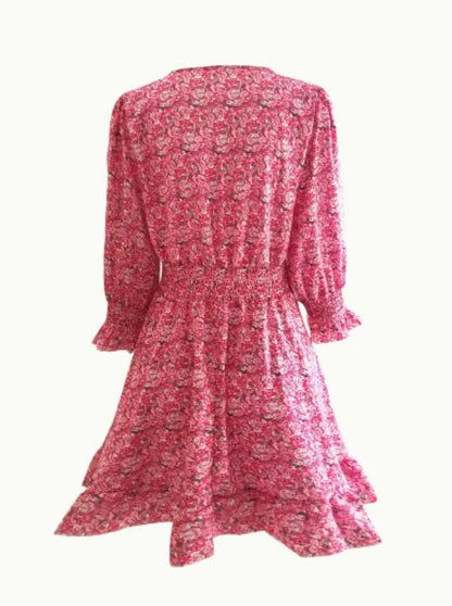 V-Neck Floral Print Short Sleeve Bubble Sleeve A-Line Dress